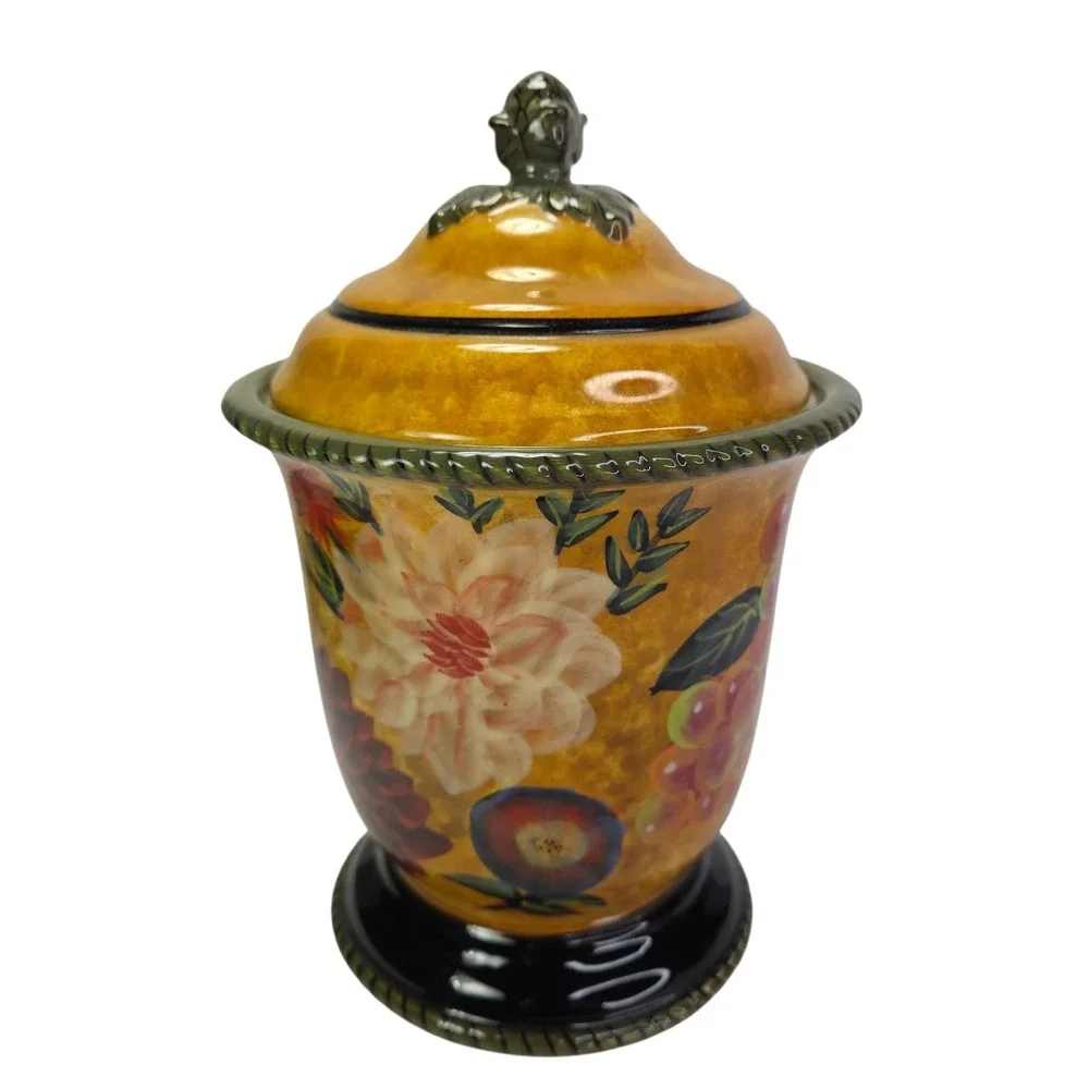 Raymond Waites Renaissance Sm Covered Canister Jar Ceramic Fruit Floral Read